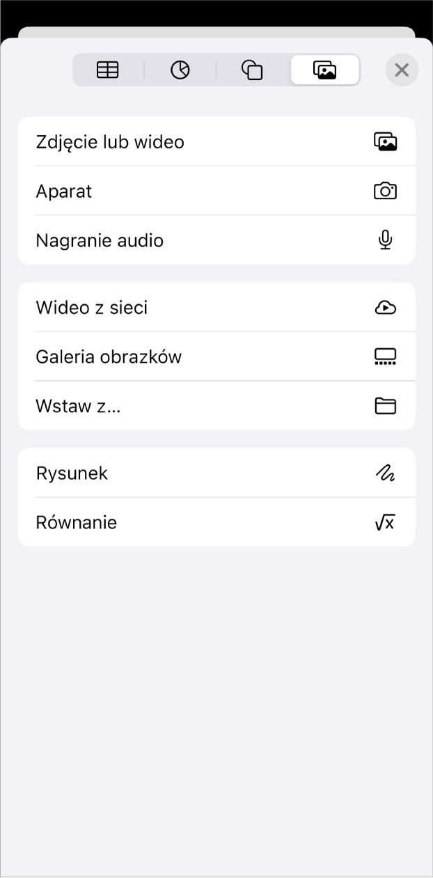 Wyświetlone menu Dodaj multimedia.