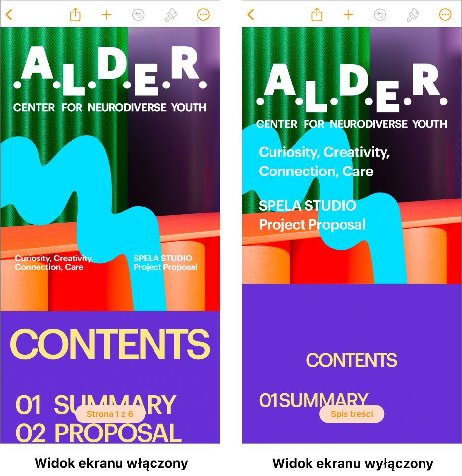 Dwa widoki tego samego dokumentu Pages; jeden z włączonym trybem Widok ekranu, a drugi z wyłączonym. W wersji z włączonym trybem Widok ekranu rozmiar tekstu jest dostosowywany do ekranu, a podziały stron i nagłówki są ukryte.