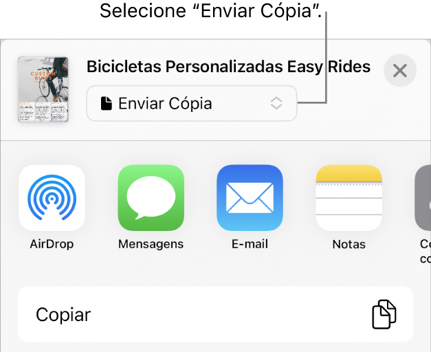 Menu Compartilhar com “Enviar Cópia” selecionado na parte superior.