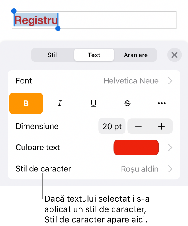 Comenzile de formatare Text cu Stil de caracter sub comenzile Culoare. Stilul de caracter Nimic apare cu un asterisc.