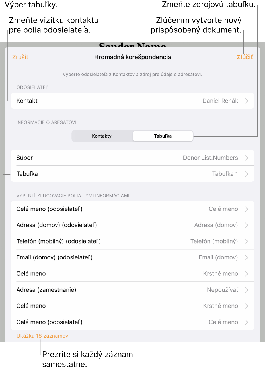 Panel Zlučovacie polia je otvorený s možnosťami na výber informácií o odosielateľovi, zmenu zdrojového súboru alebo tabuľky, ukážku názvov zlučovacích polí alebo jednotlivých záznamov, alebo na zlúčenie dokumentu.