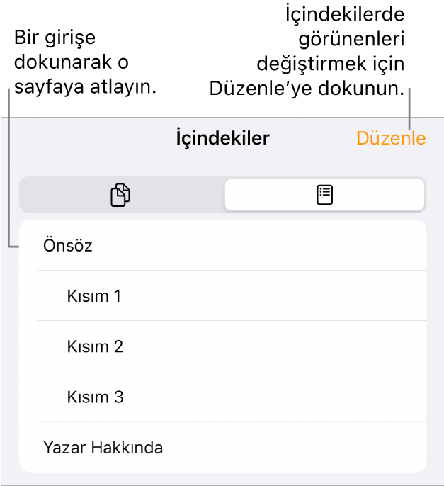 Listedeki konu başlıklarıyla birlikte içindekiler görüntüsü. Düzenle düğmesi sağ üst köşededir, en altta da Sayfa Küçük Resmi ve İçindekiler düğmeleri bulunur.