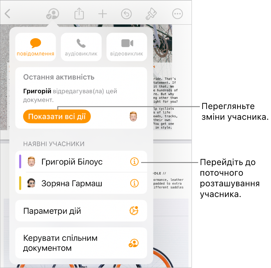 Меню «Співпраця», у якому зазначені поточні учасники.