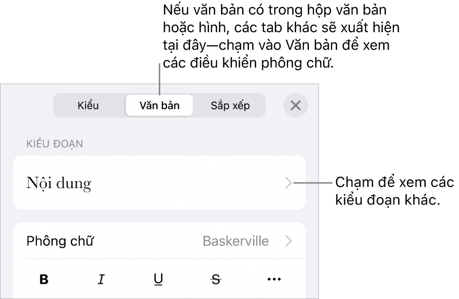 Menu Định dạng đang hiển thị các điều khiển văn bản để đặt kiểu, phông chữ, kích cỡ và màu của đoạn và ký tự.