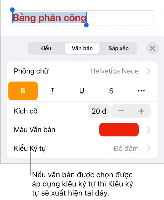 Các điều khiển định dạng Văn bản với Kiểu ký tự bên dưới các điều khiển Màu. Kiểu ký tự Không xuất hiện cùng với dấu hoa thị.