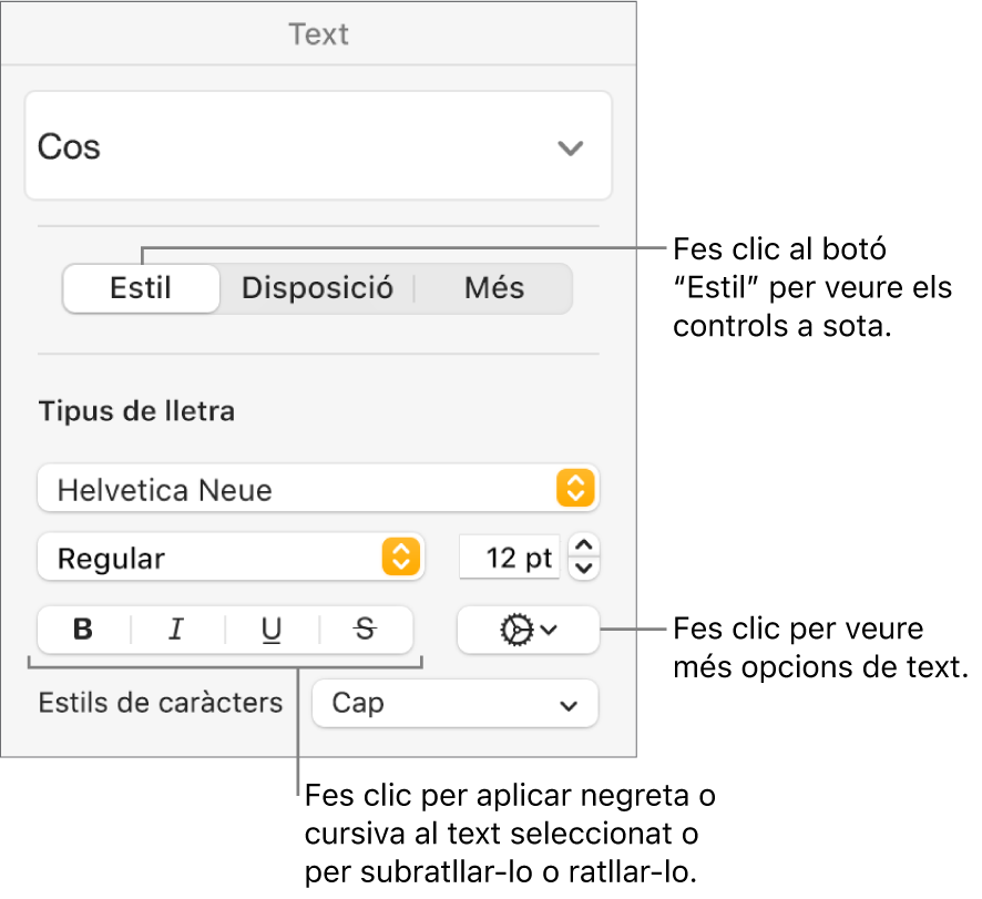 Els controls d’estil de la barra lateral “Format”, amb llegendes per als botons “Negreta”, “Cursiva”, “Subratlla” i “Ratlla”.