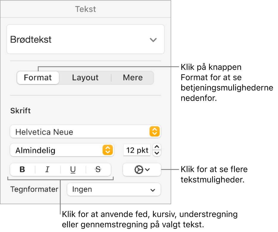 Betjeningsmulighederne til Format i indholdsoversigten Format med billedforklaringer til knapperne Fed, Kursiv, Understreget og Gennemstreget.
