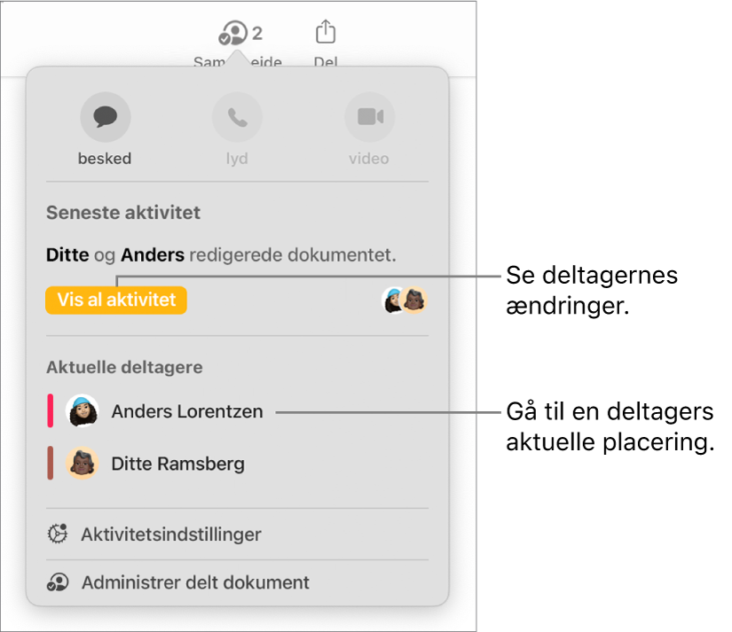 Samarbejdsmenuen, hvor to aktuelle deltagere er angivet.