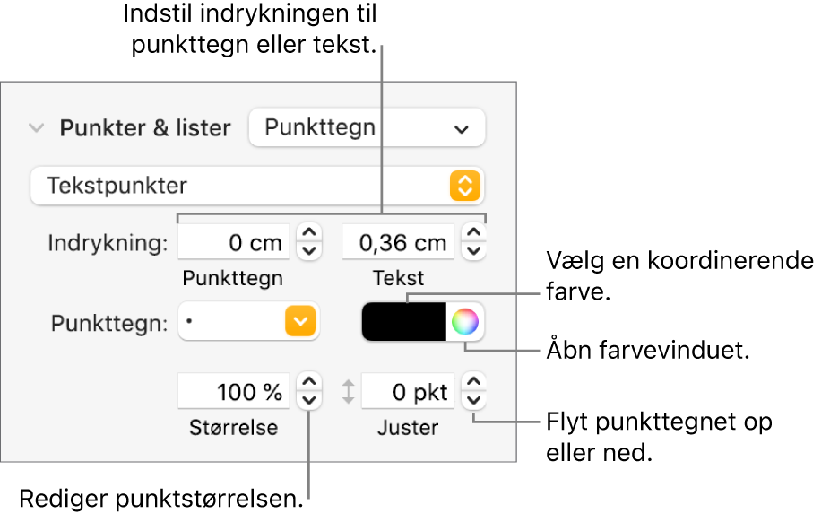 Punkter & lister med billedforklaringer til betjeningsmulighederne til indrykning af punkttegn og tekst, farve og størrelse på punkttegn og justering.