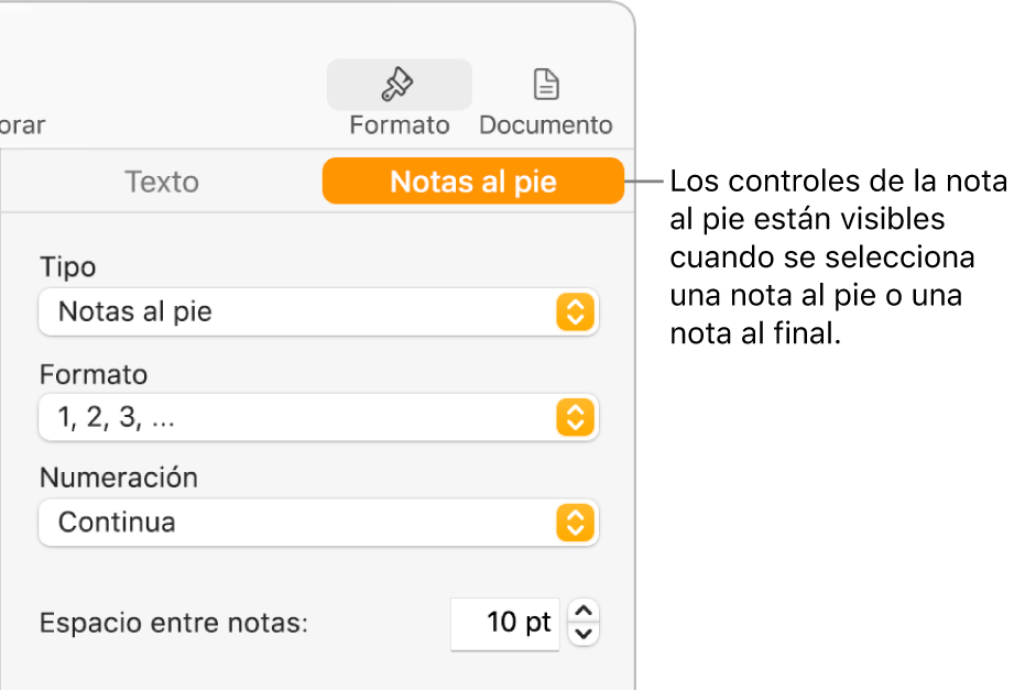 El panel “Notas al pie” con menús desplegables para Tipo, Formato, Numeración y espacio entre notas.