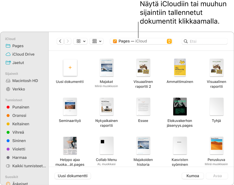 Avaa-valintaikkuna, jossa on sivupalkki avattuna vasemmalla ja iCloud Drive valittuna ponnahdusvalikossa ylhäällä. Valintaikkunassa näkyvät Keynote-, Numbers- ja Pages-kansiot sekä Uusi dokumentti ‑painike.