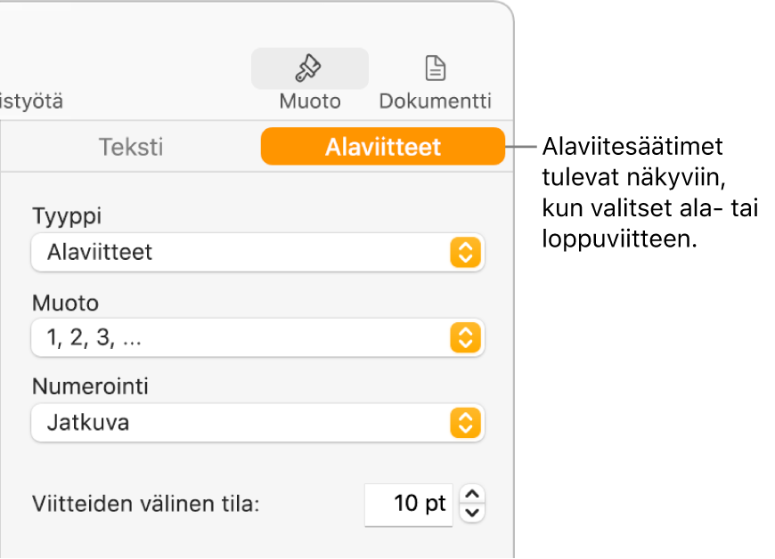 Alaviitteet-osio, jossa näkyy ponnahdusvalikot Tyyppi, Muoto, Numerointi ja Viitteiden välinen tila.