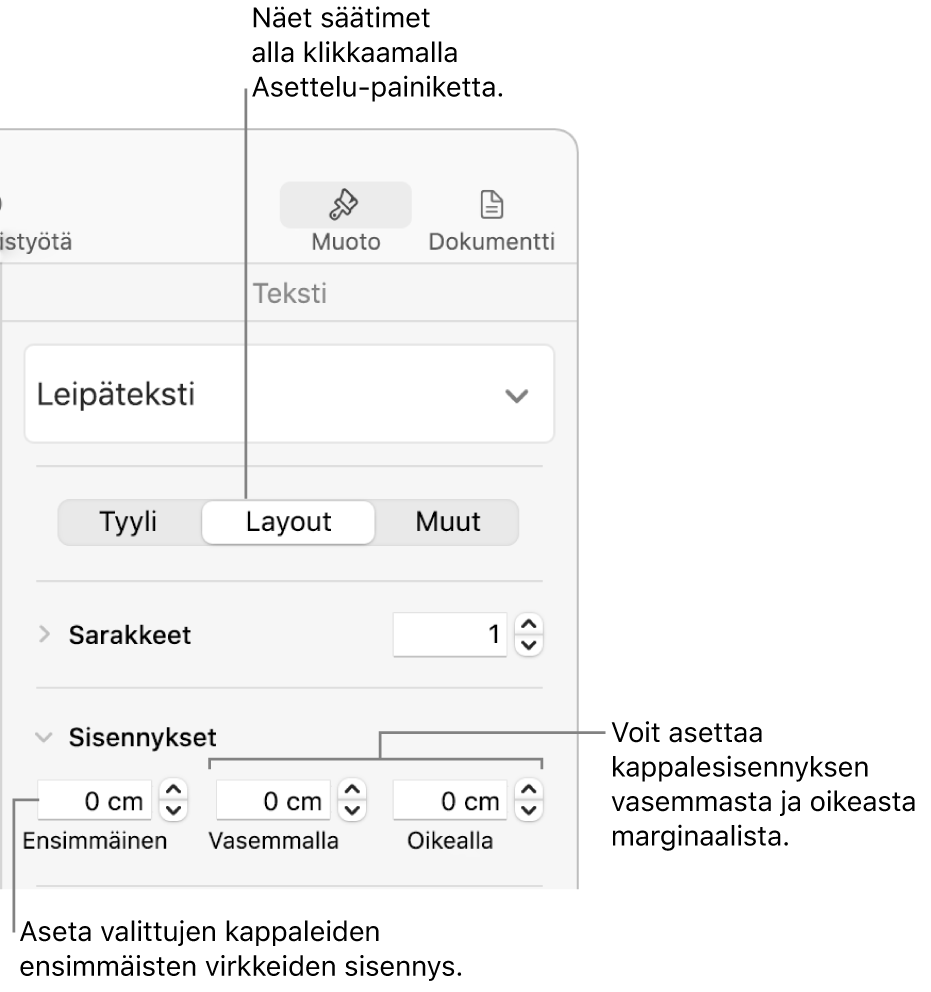 Muoto-sivupalkin Asettelu-osion säätimiä ensimmäisen rivin sisennyksen asettamiseen.