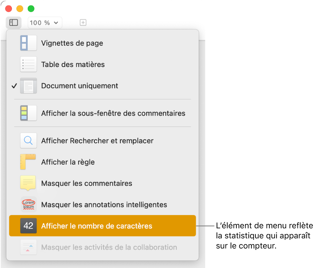 Le menu Présentation ouvert avec l’option « Afficher le nombre de caractères » vers le bas.