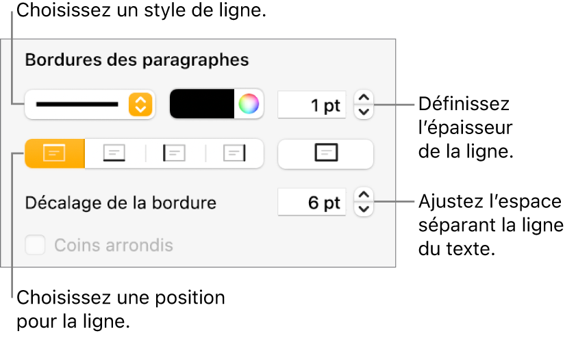 Commandes permettant de modifier le style, l’épaisseur, la position et la couleur de la ligne.