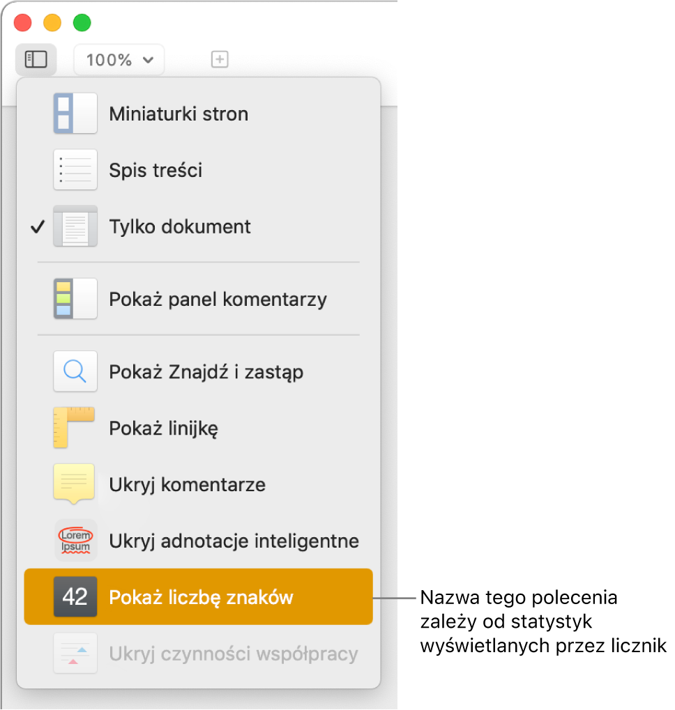 Rozwinięte menu Widok z widocznym na dole poleceniem Pokaż liczbę znaków.