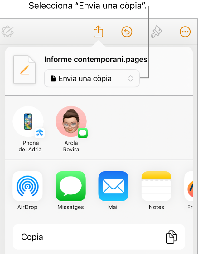 Menú “Comparteix” amb l’opció “Envia una còpia” seleccionada a la part superior.