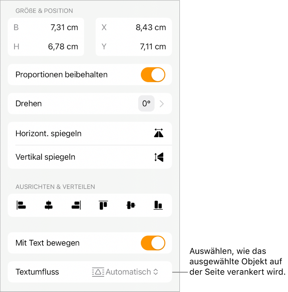 In den Formatsteuerungen ist der Tab „Anordnen“ ausgewählt und die Steuerelemente für „Nach hinten/vorn bewegen'“, „Mit Text bewegen“ und „Textumbruch“ sind zu sehen.