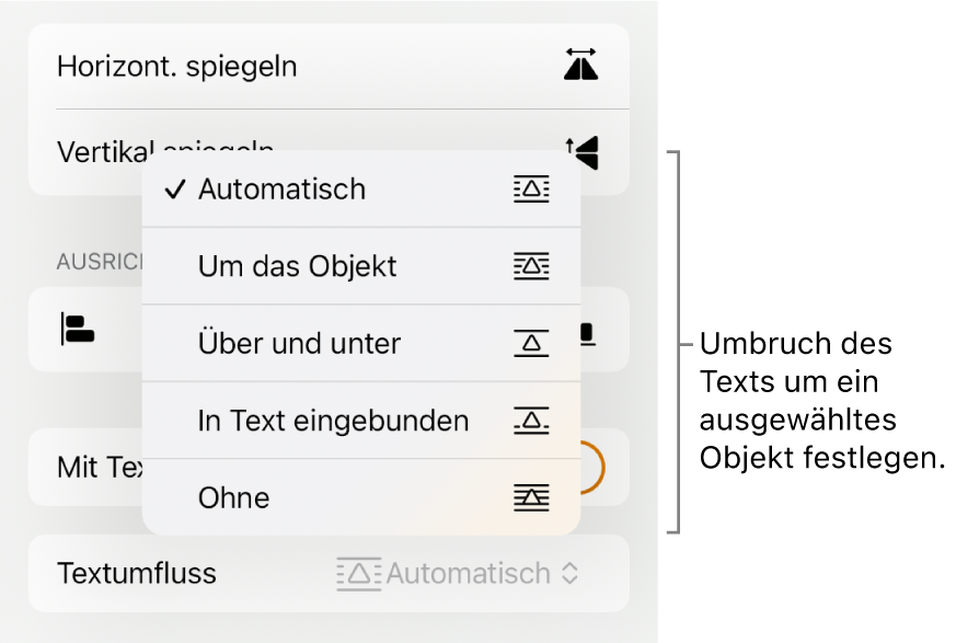 In den Formatsteuerungen ist der Tab „Anordnen“ ausgewählt. Darunter befinden sich die Steuerelemente für Textumbruch mit „Nach hinten/vorn bewegen“, „Mit Text bewegen“ und „Textumbruch“.