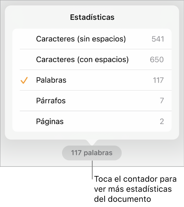 El contador de palabras con un menú con opciones para mostrar el número de caracteres con y sin espacios, el conteo de palabras, el conteo de párrafos y el conteo de páginas.