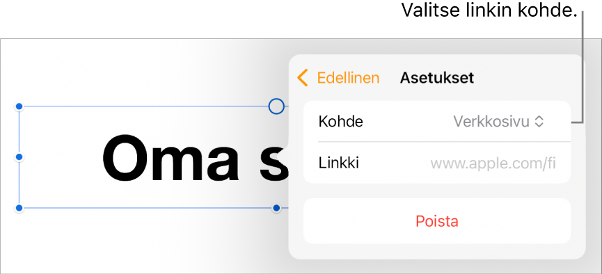 Linkkiasetukset-säätimet, joissa on valittuna Verkkosivu ja alhaalla on painike Poista.