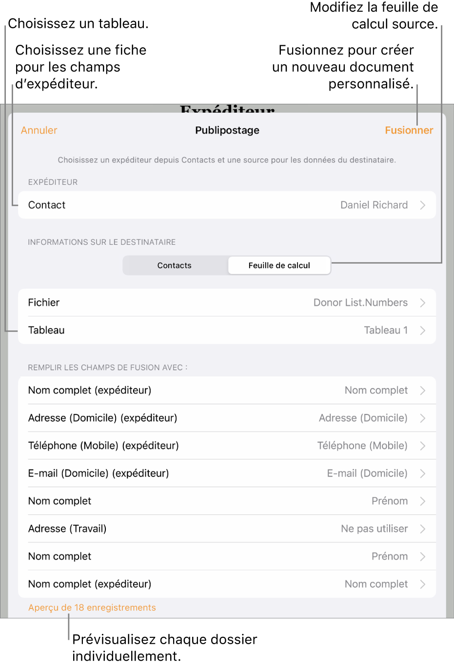 Sous-fenêtre Publipostage ouverte, avec des options pour choisir les informations de l’expéditeur, modifier le fichier ou le tableau source, prévisualiser les noms des champs de fusion ou fusionner le document.