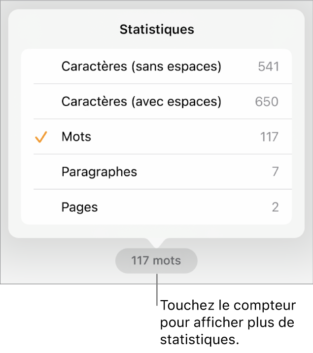 Le nombre de mots avec un menu indiquant les options permettant d’afficher le nombre de caractères avec et sans espaces, le nombre de mots, le nombre de paragraphes et le nombre de pages.