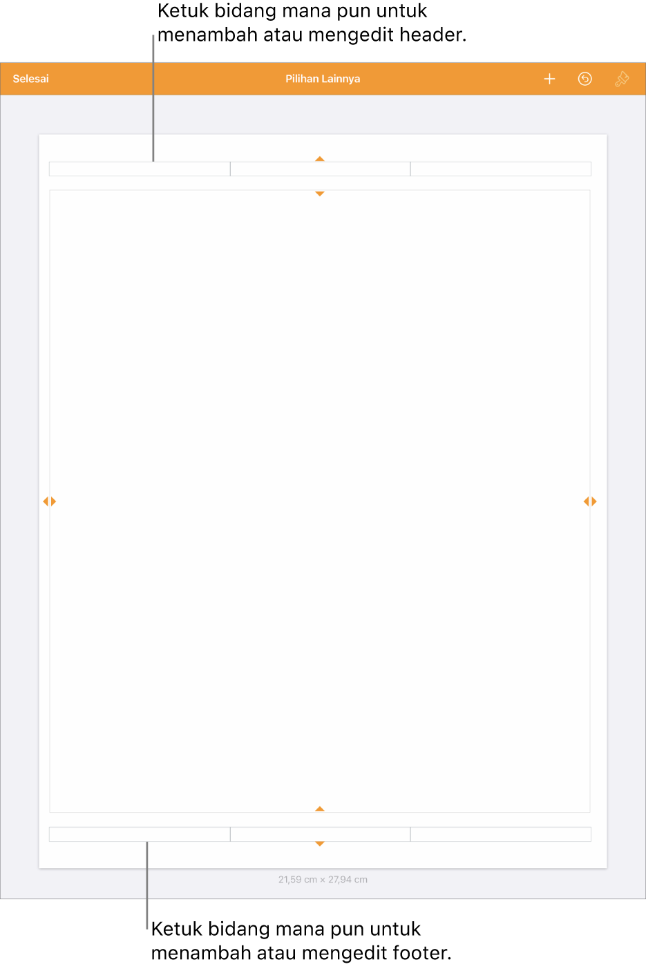 Tampilan Pilihan Lainnya dengan tiga bidang di bagian atas dokumen untuk header dan tiga bidang di bagian bawah untuk footer.