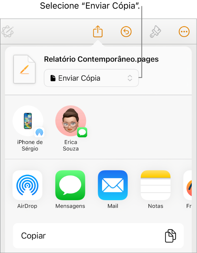 Menu Compartilhar com “Enviar Cópia” selecionado na parte superior.