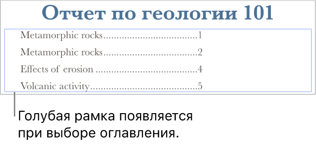 Оглавление, вставленное в документ. Показаны заголовки и соответствующие номера страниц.