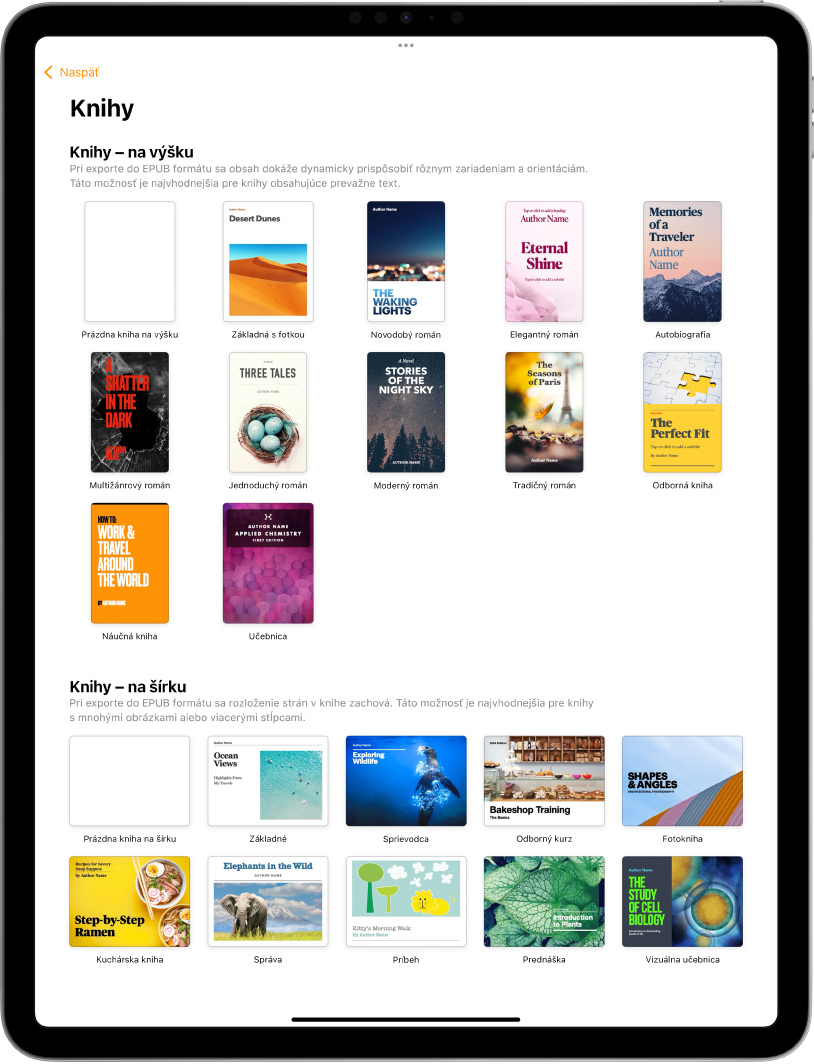 Výber šablón so šablónami kníh v orientácii na výšku v hornej časti a v orientácii na výšku nižšie.