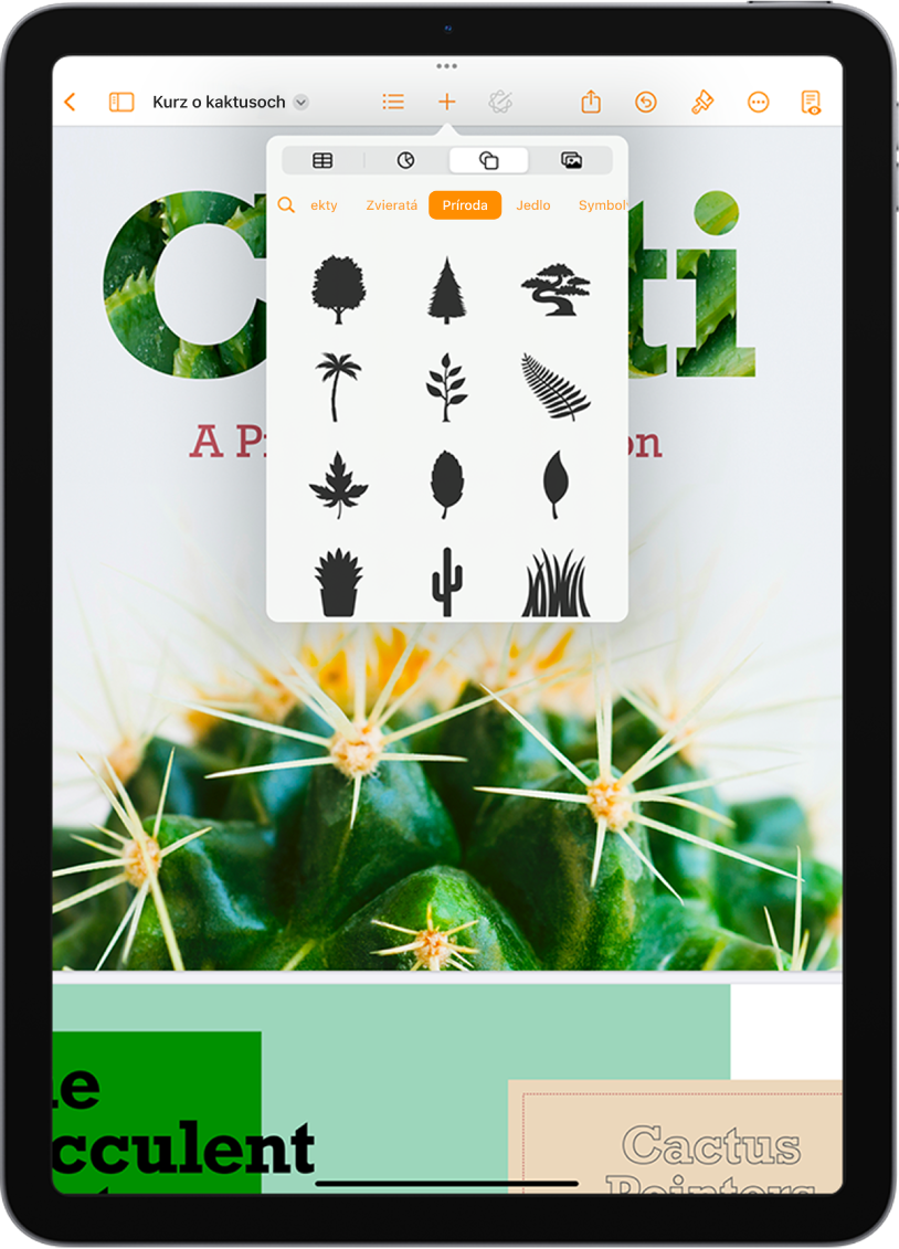 Menu Vložiť s tlačidlami v hornej časti na pridávanie tabuliek, grafov, tvarov a médií. Je vybratý tvar a jeho menu zobrazuje riadok kategórií s tlačidlom Hľadať naľavo. Je vybratá kategória Aktivity a pod ňou sa zobrazujú tvary.