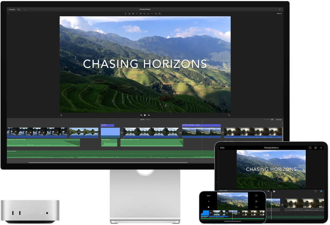 Ta sama zawartość wyświetlana na Macu mini, na iPadzie i na iPhonie.
