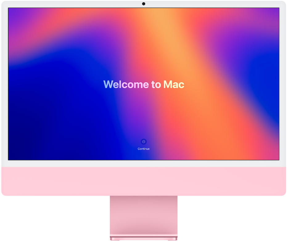 Atvērts iMac dators ar ekrānā redzamu norādi “Welcome to Mac”.
