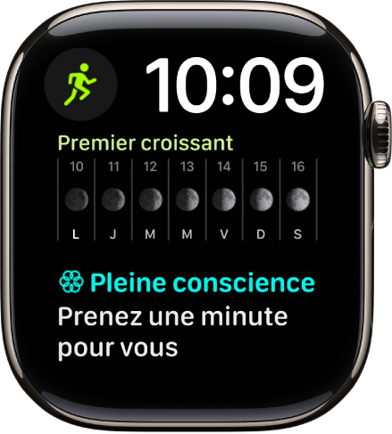 Le cadran Modulaire duo avec une horloge numérique vers le coin supérieur droit et trois complications : Exercice en haut à gauche, Phase de lune au milieu et Pleine conscience en bas.