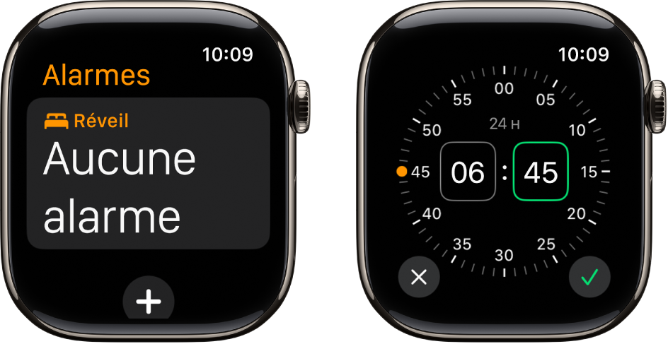 Deux cadrans montrant comment ajouter une alarme : il suffit de toucher « Ajouter une alarme », toucher les heures ou les minutes (et AM ou PM, le cas échéant), faire tourner la Digital Crown pour régler l’heure, puis toucher le bouton en forme de coche.