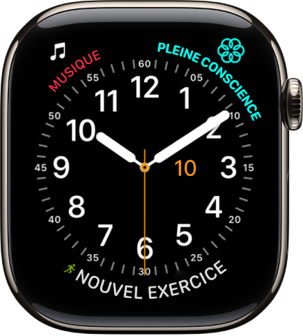 Cadran Utilitaire, sur lequel vous pouvez ajuster la couleur de la trotteuse, la numérotation et les détails du cadran. Trois complications apparaissent : Musique en haut à gauche, Pleine conscience en haut à droite et Exercice en bas.