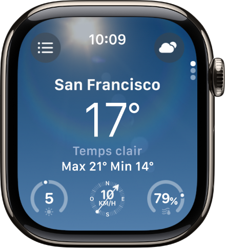 L’app Météo présentant un aperçu de la météo du jour. Le nom du lieu et la température actuelle sont affichés en dessous. En bas de l’écran figurent trois boutons : « Indice UV », « Force du vent » et Précipitations. Le bouton « Liste des lieux » se trouve en haut à gauche et le bouton Conditions est en haut à droite.