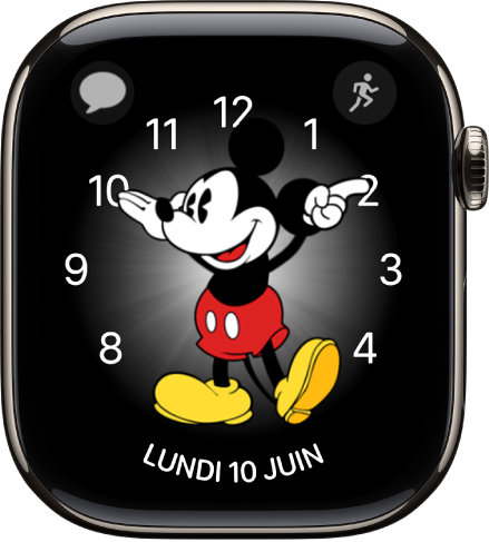 Cadran Mickey Mouse, auquel vous pouvez ajouter de nombreuses complications. Il affiche trois complications : Messages en haut à gauche, Exercice en haut à droite et la date en bas.