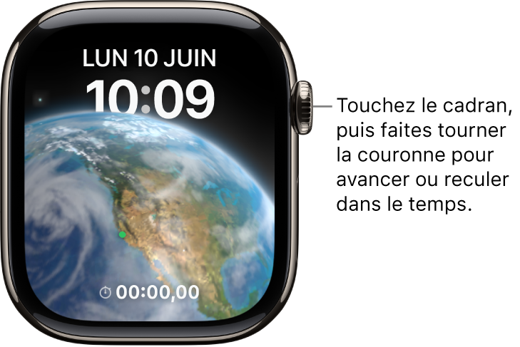 Cadran Astronomie, qui montre le jour, la date et l’heure. Une complication de minuteur se trouve en bas. Touchez le cadran, puis faites tourner la Digital Crown pour avancer ou reculer dans le temps.
