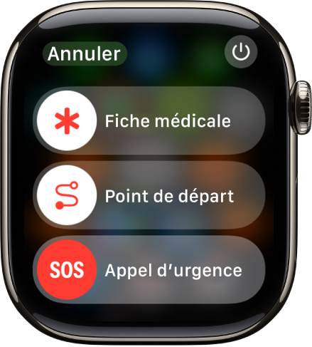 L’écran des secours. En haut figure le curseur « Fiche médicale », au milieu le curseur « Point de départ » et, en bas, le curseur « Appel d’urgence ».