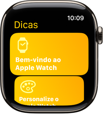 App Dicas mostrando uma coleção de dicas, como Conheça o Apple Watch.