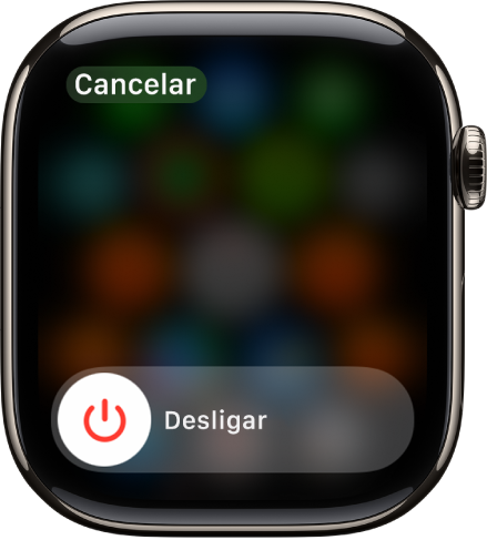 Tela do Apple Watch mostrando o controle deslizante Desligar. Arraste o controle deslizante para desligar o Apple Watch.
