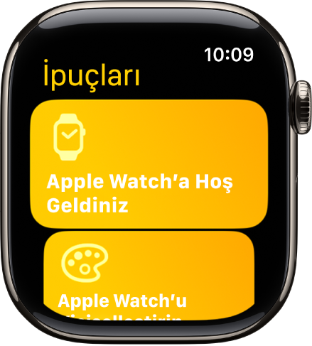 İpuçları uygulaması, Apple Watch’a hoş geldiniz gibi İpuçları koleksiyonlarını gösteriyor.