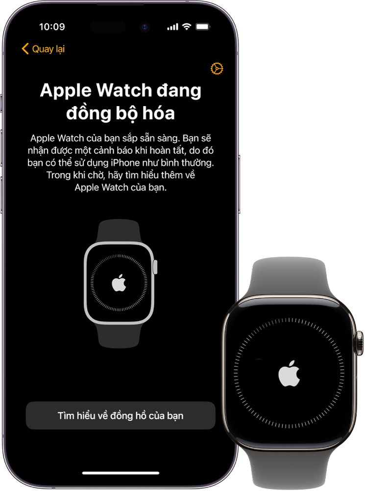 Một iPhone và Apple Watch đang hiển thị các màn hình đồng bộ hóa của chúng.