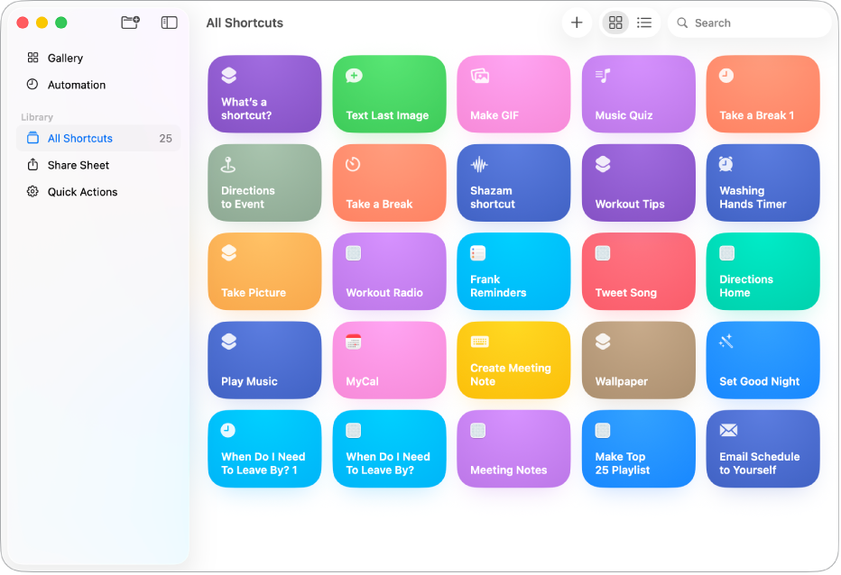 Íconos de atajos en Todos los atajos.