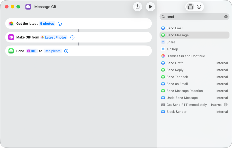 El editor de atajos mostrando acciones para enviar un mensaje con fotos como una imagen GIF animada.