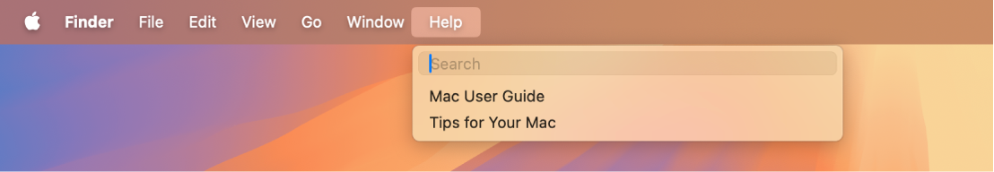 Un bureau partiel avec un menu Aide ouvert, affichant les options de menu pour Recherche et Aide macOS.