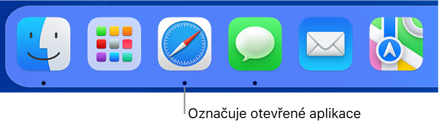 Část Docku s černými tečkami pod otevřenými aplikacemi