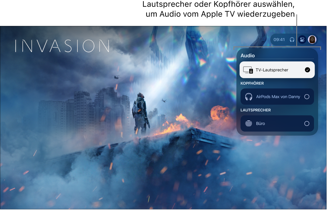 Apple TV-Bildschirm mit Kontrollzentrum und Audiosteuerelementen